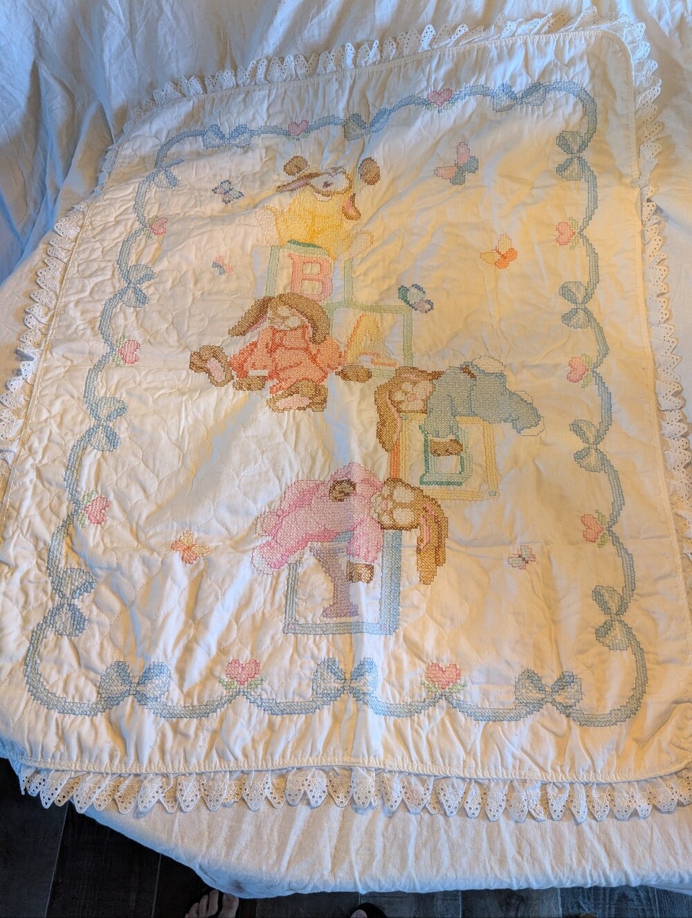2/60$ Vintage Cream Baby Quilt with Pastel embroidered Animal Blocks